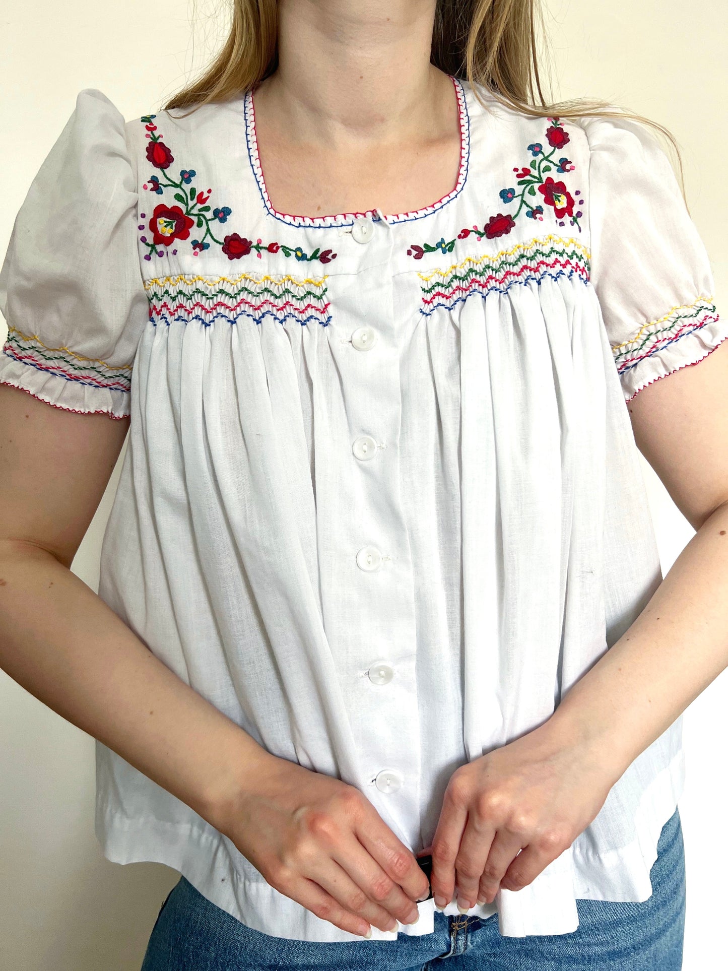 70s babydoll top with embroidery, Size S