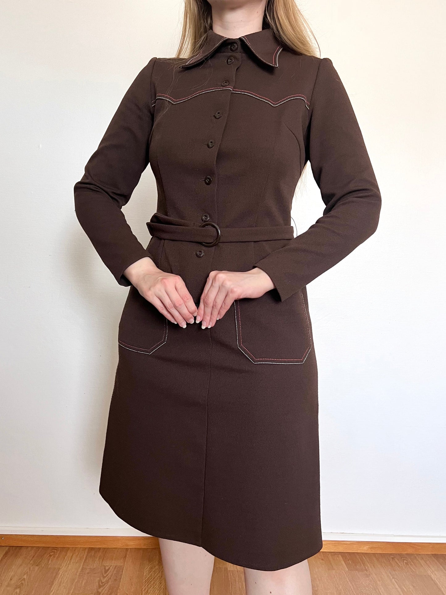 70s brown dress with pockets, Size S-M