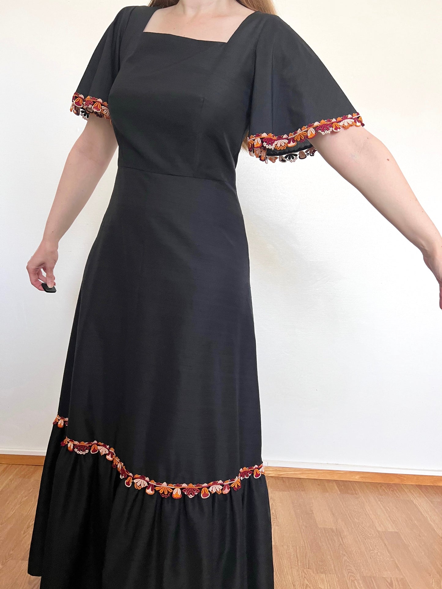 60s black square neckline dress, Size S