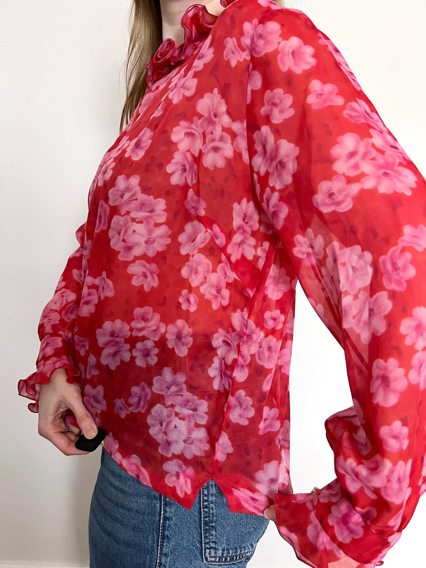Red and pink floral blouse, Size XL