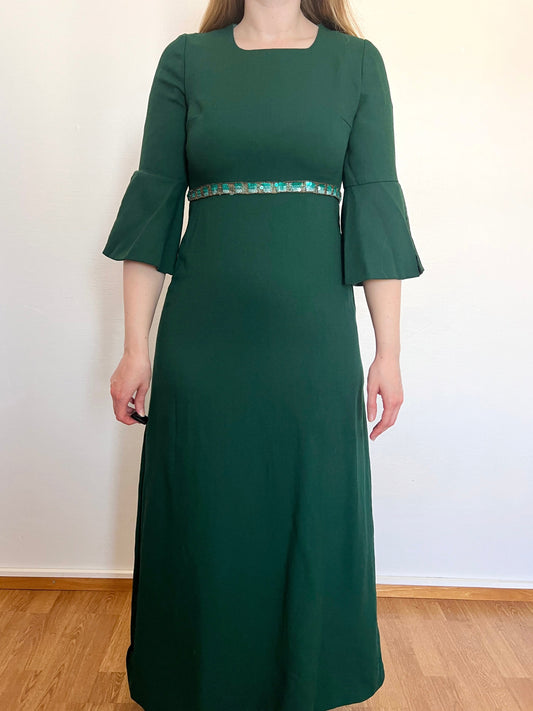 70s green flared sleeves dress, Size S