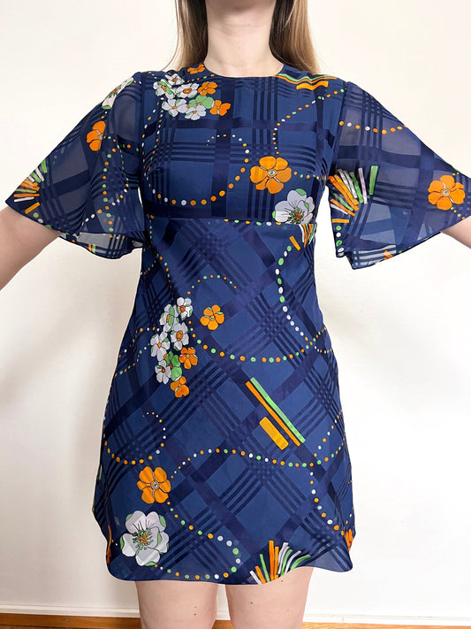 70s blue flared sleeves mini dress, Size XS-S