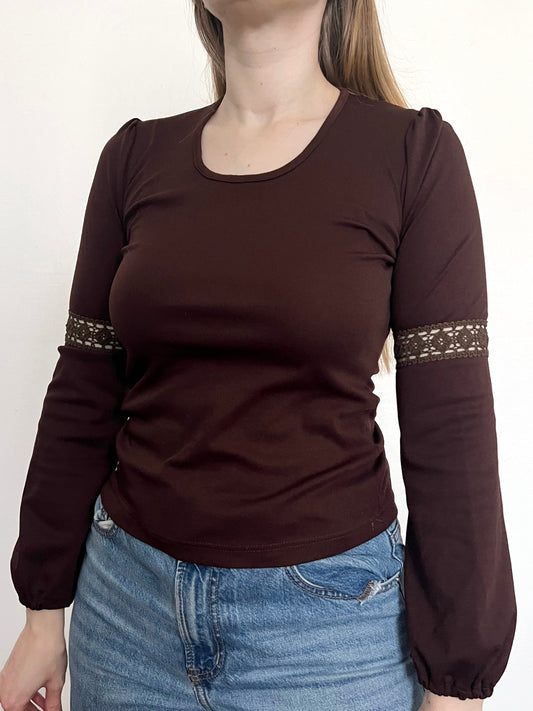 70s brown lace detail top, Size XS-S