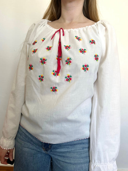70s white and flowers blouse, Size L