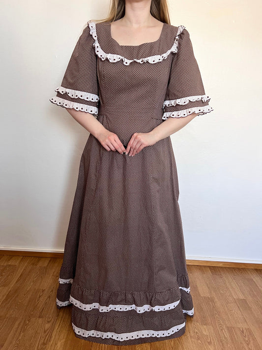 70s brown & white polka dot dress, Size L