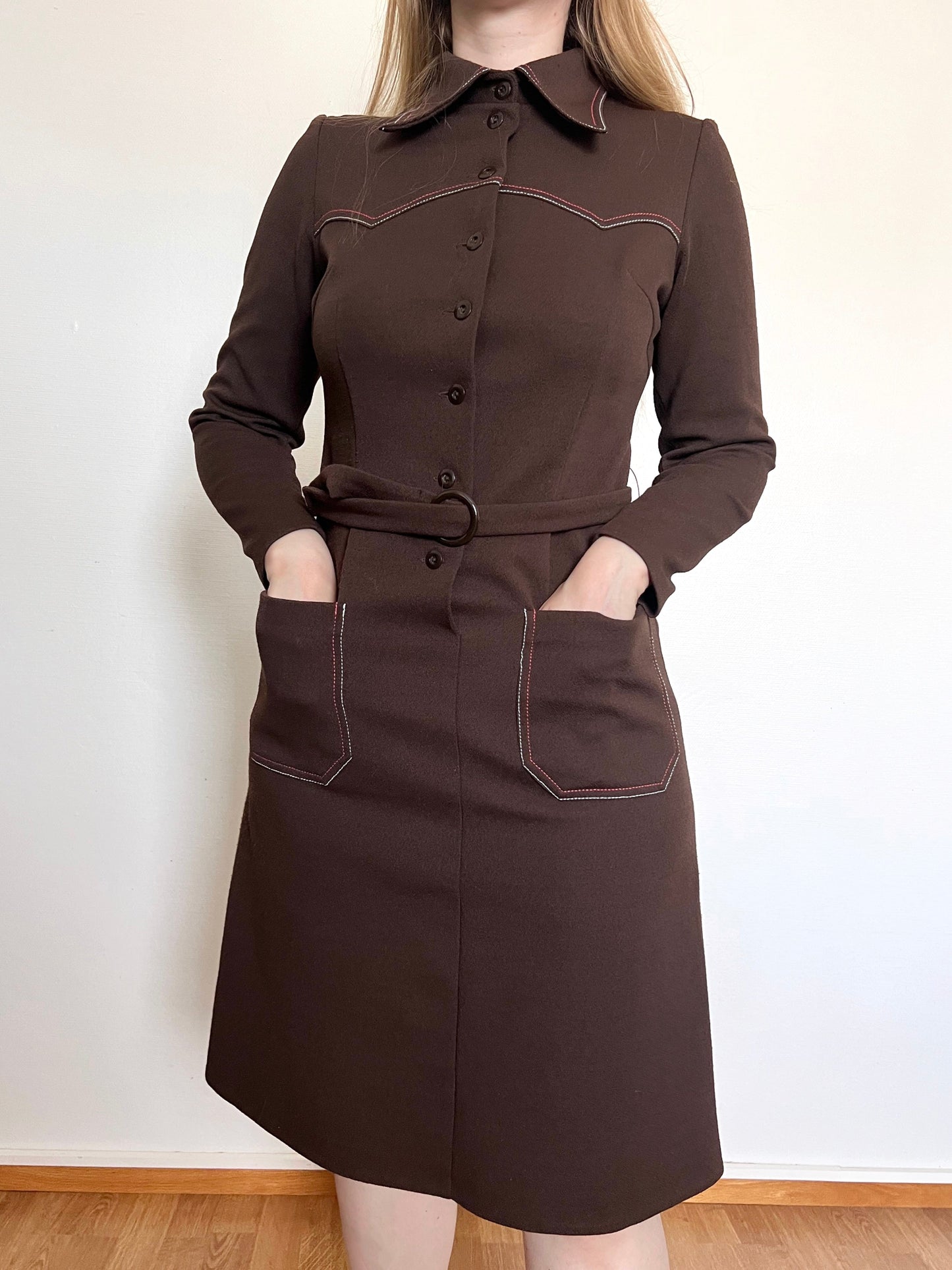 70s brown dress with pockets, Size S-M