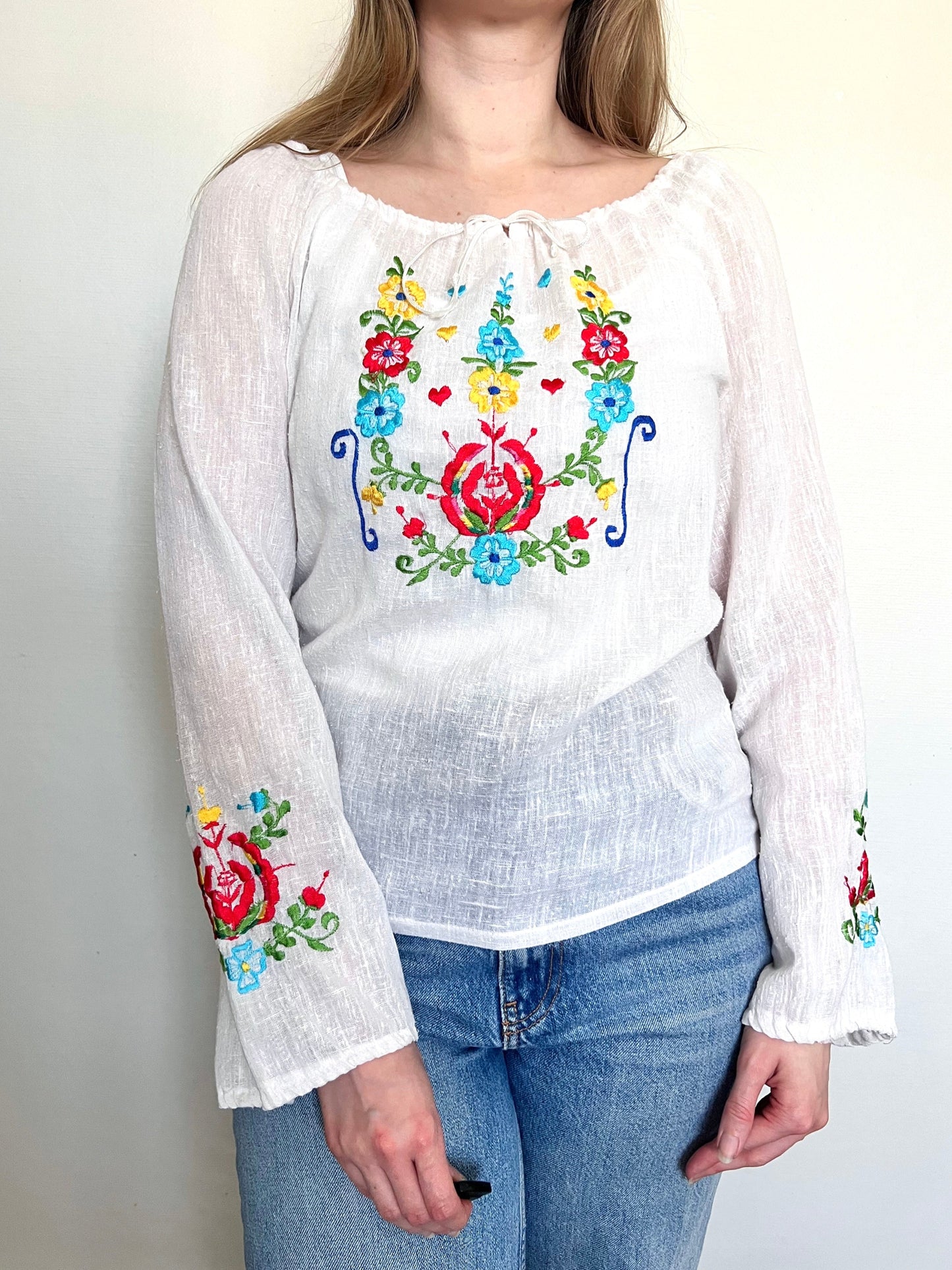 70s floral embroidery white blouse, Size S