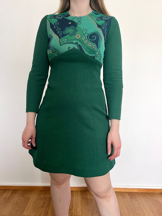 60s green swirl print mini dress, Size S
