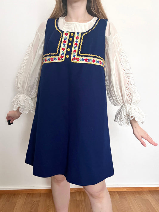 60s navy blue folk style trim dress, Size L