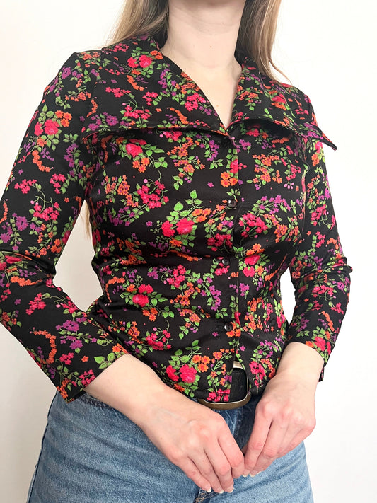 70s pointed collar floral bluse, Size XS-S