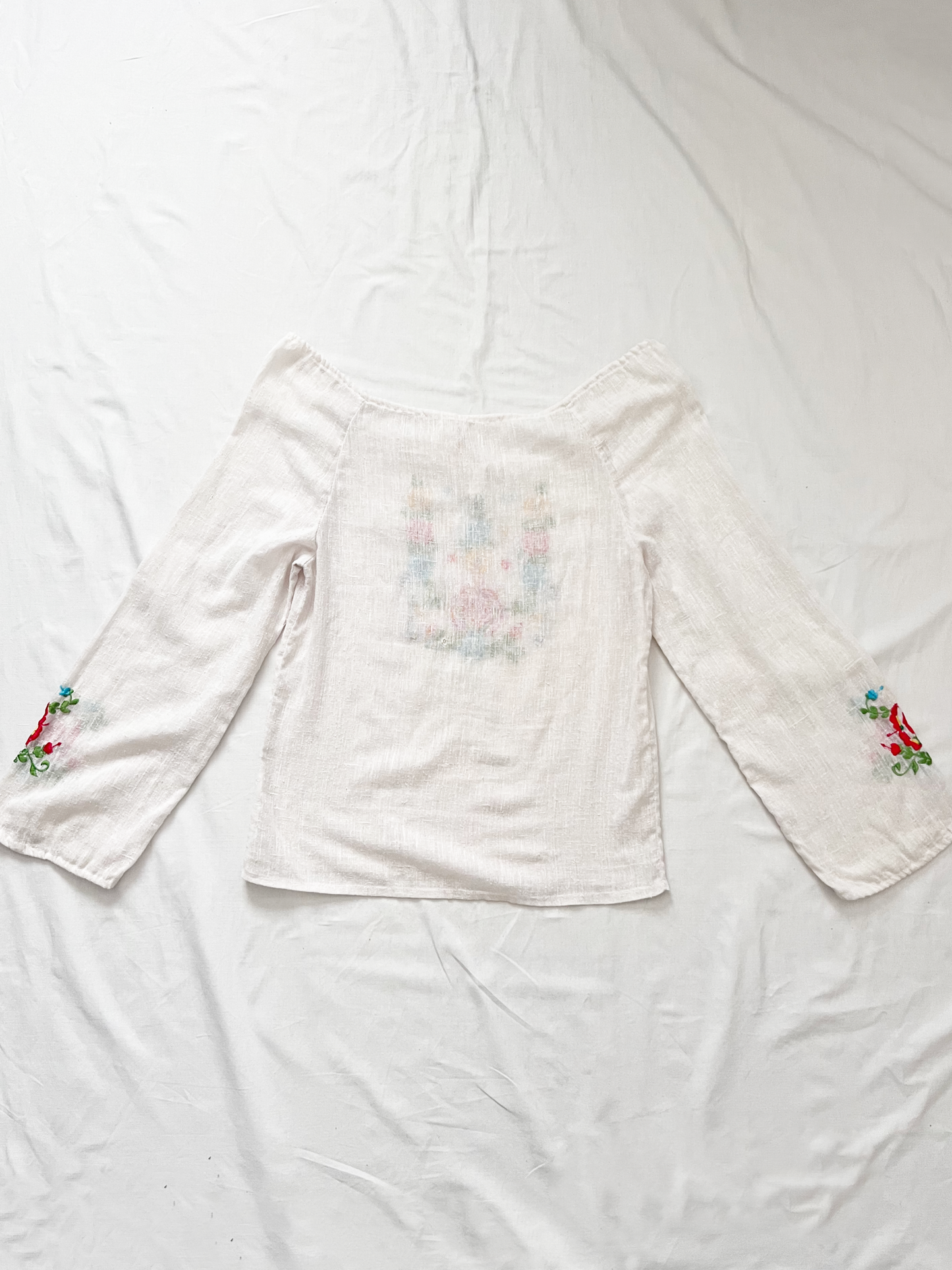 70s floral embroidery white blouse, Size S