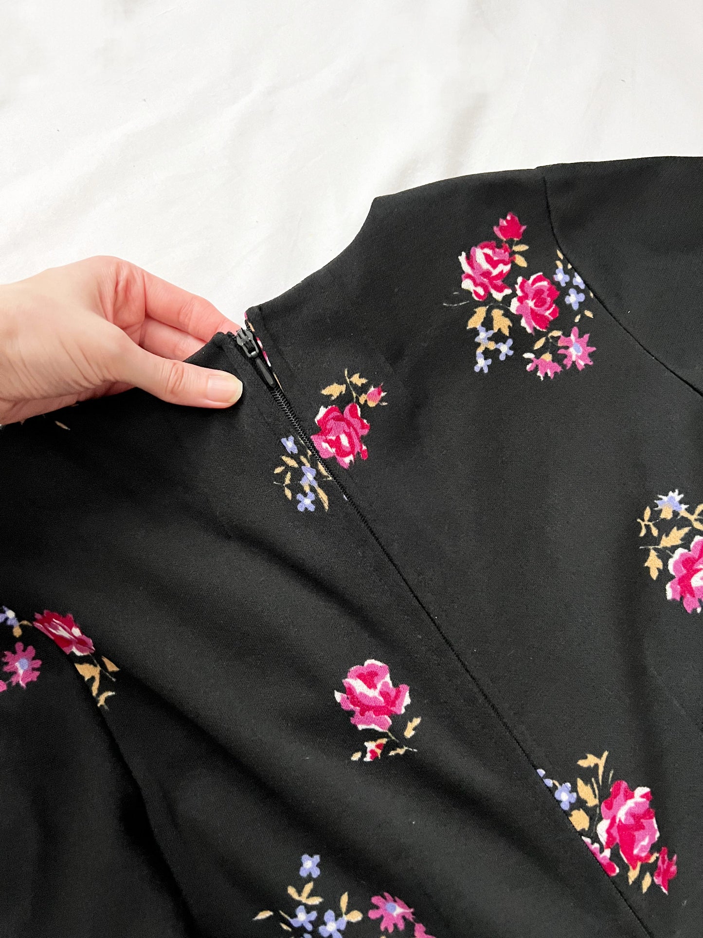 70s black floral maxi dress, Size S