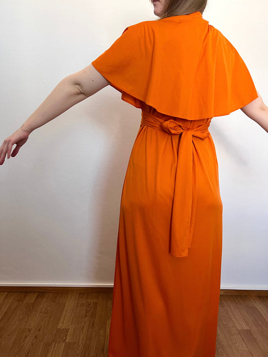 70s orange cape sleeve gown, Size M