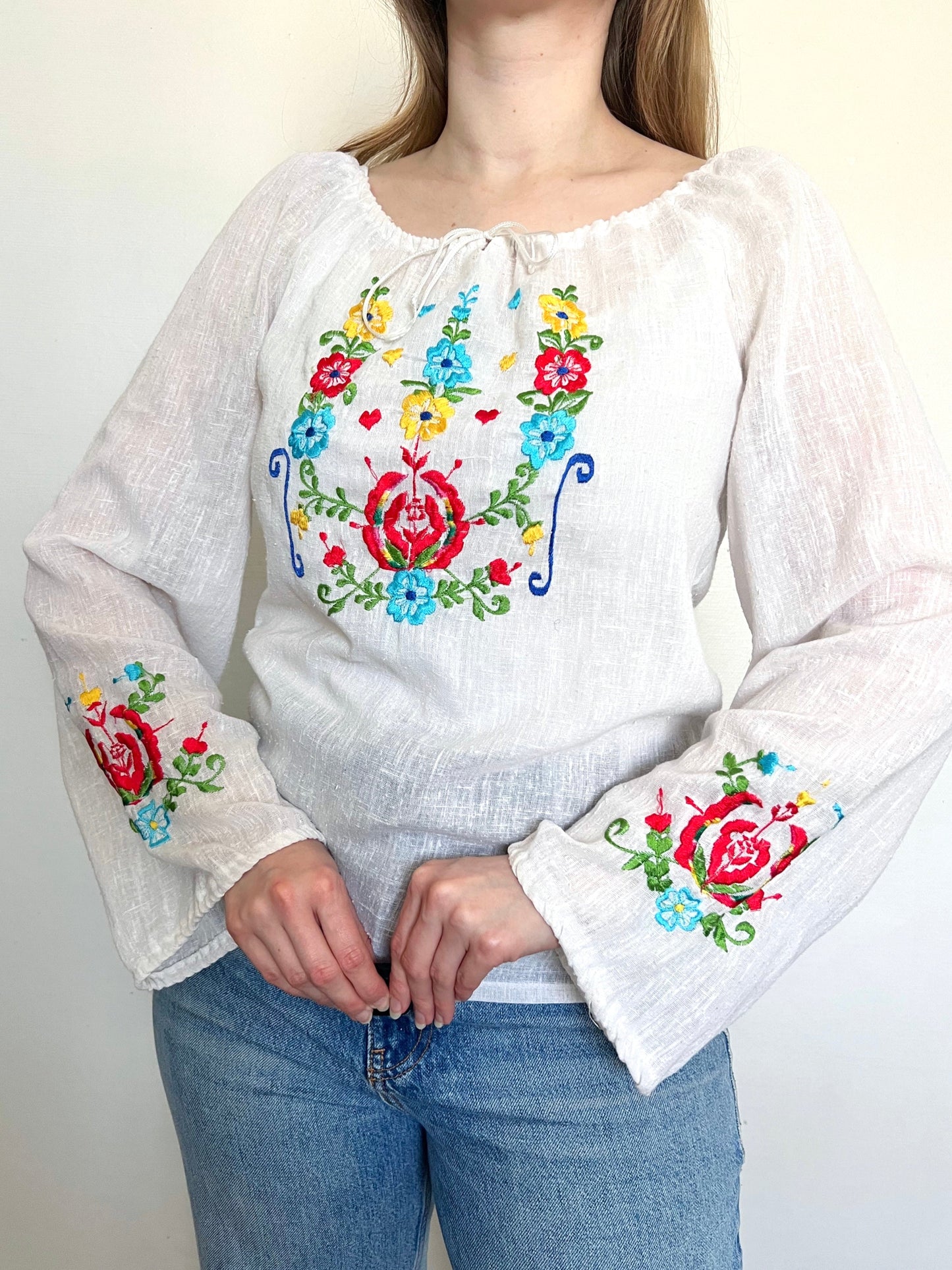 70s floral embroidery white blouse, Size S