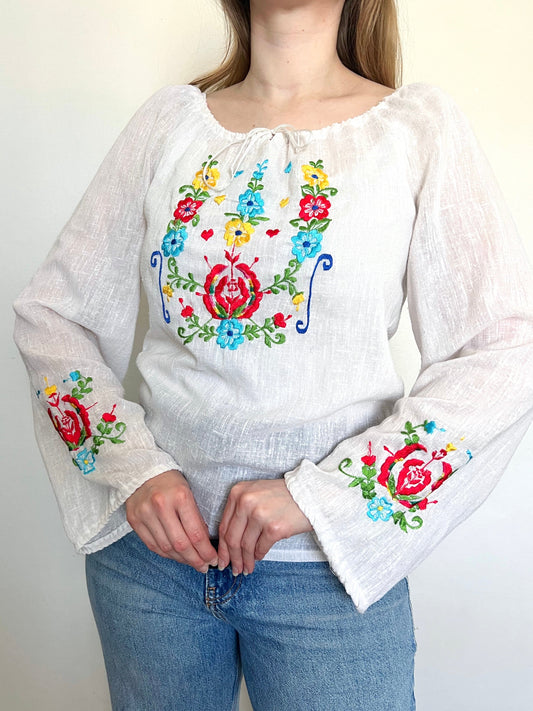 70s floral embroidery white blouse, Size S