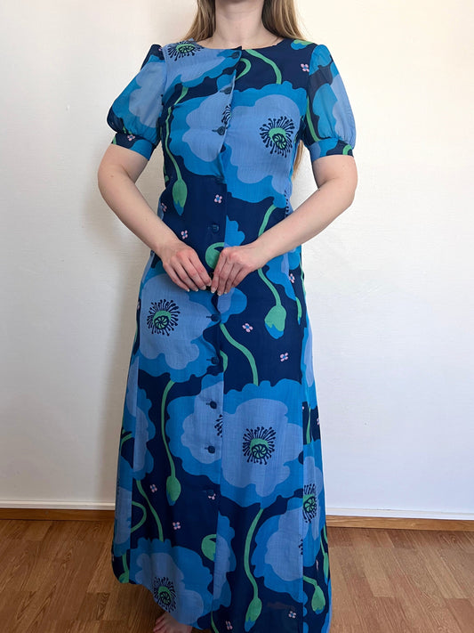70s blue floral dress, Size XS-S