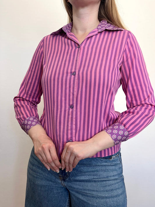 60s pink and purple stripes and flower shirt, Size S
