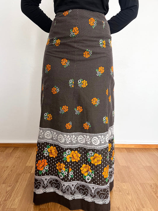 70s brown flower skirt, Size S