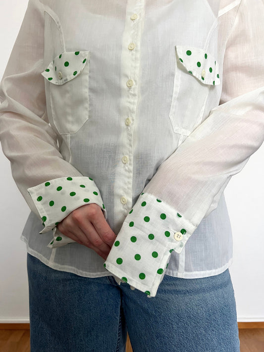 60s white and green polka dot shirt, Size L-XL