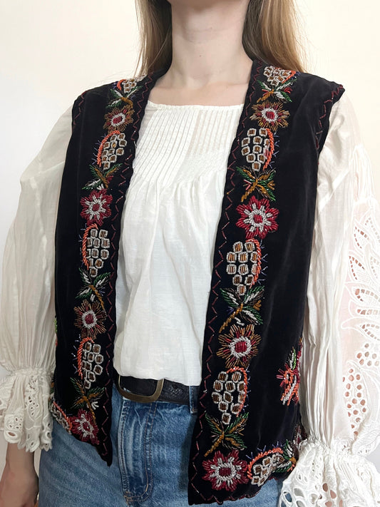 60s black velvet beaded vest, Size M-L