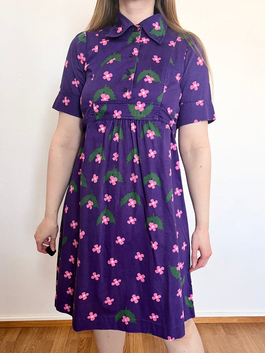 70s purple floral cotton, dress, Size XS-S