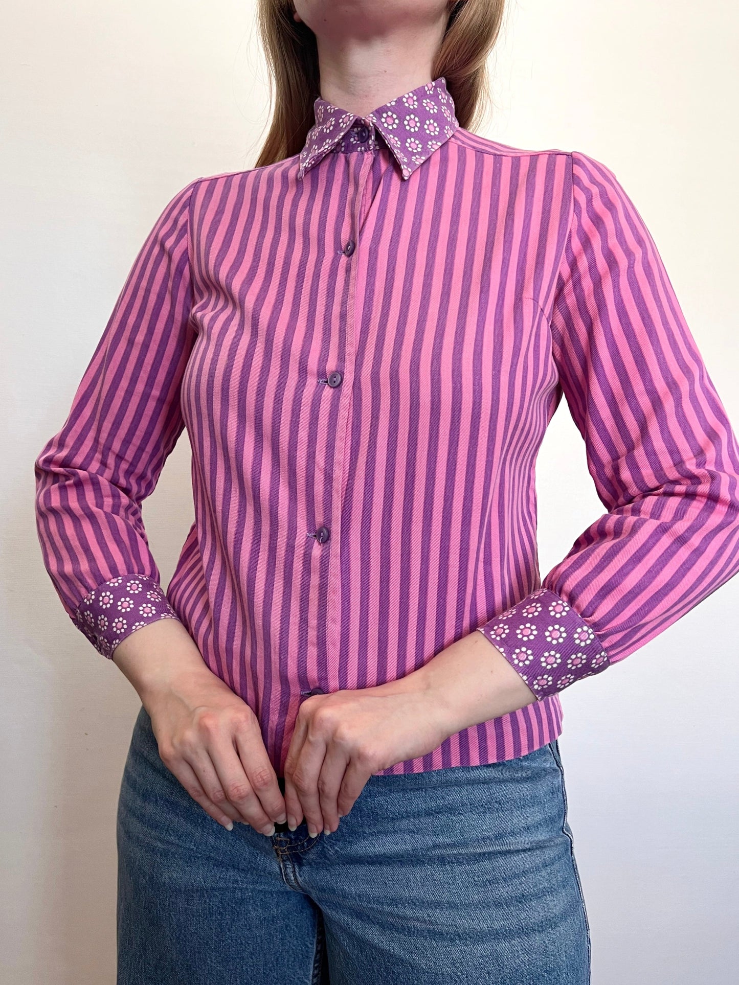 60s pink and purple stripes and flower shirt, Size S