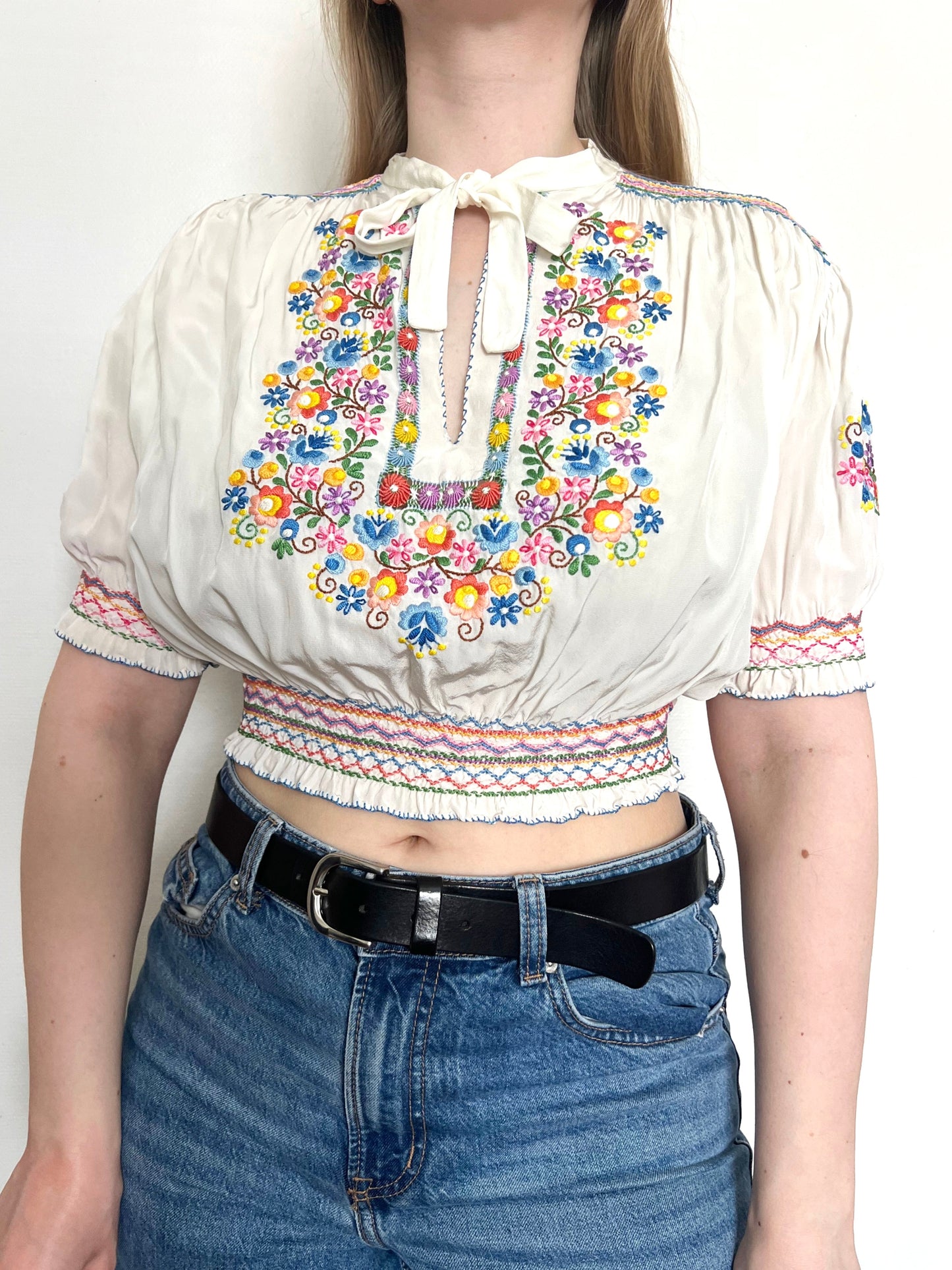 1930s/1940s hand embroidered floral cropped blouse, Size S