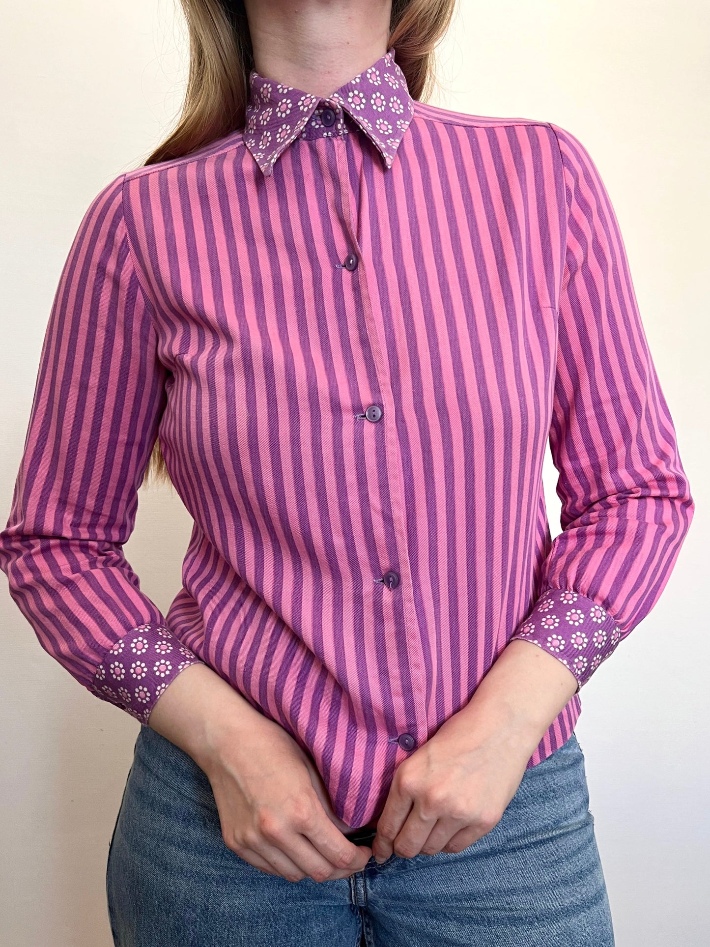 60s pink and purple stripes and flower shirt, Size S