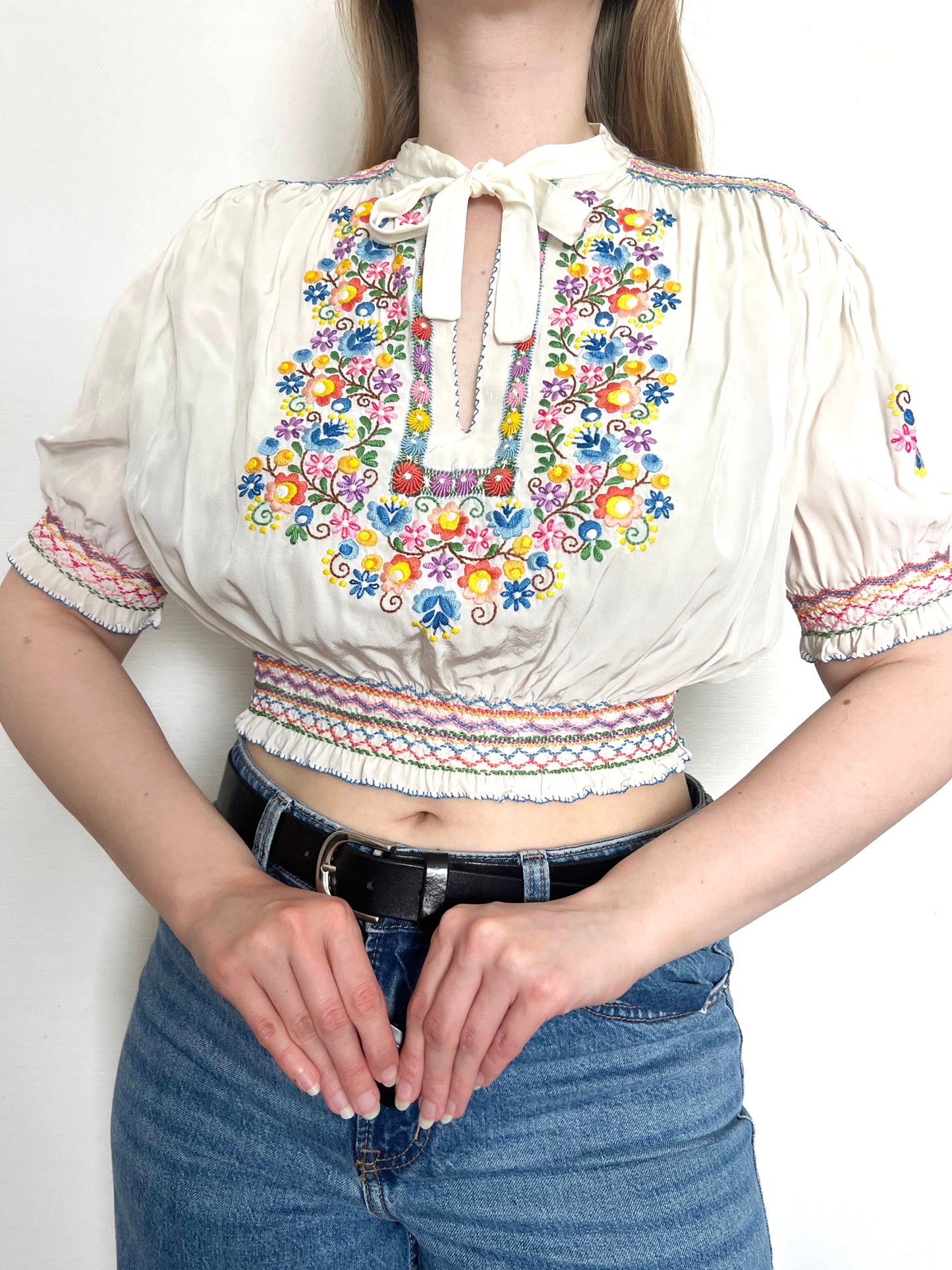 1930s/1940s hand embroidered floral cropped blouse, Size S