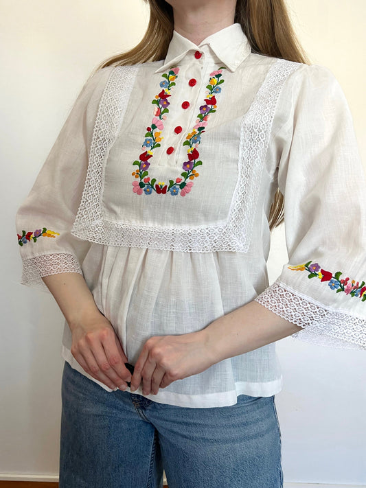 70s lace and floral blouse, Size XS-S