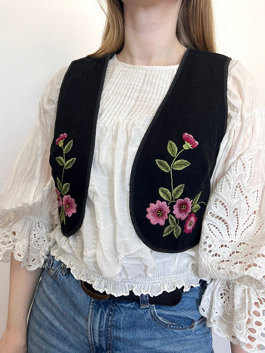 70s black and pink floral vest, Size S-M