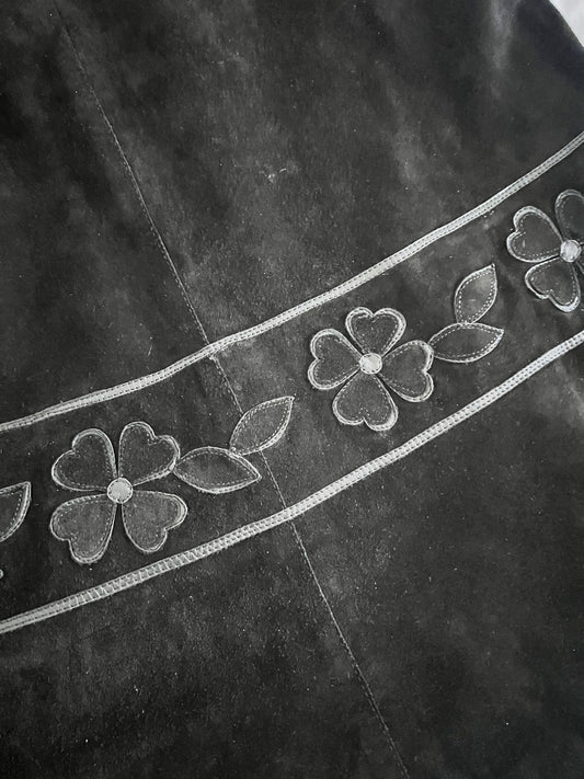 60s black suede flower skirt, Size XS