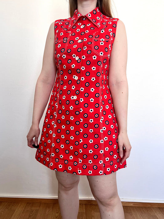 60s red flower mini dress, Size M