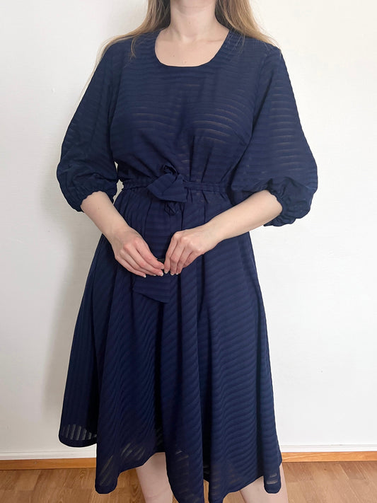 70s navy blue stripes dress, Size L