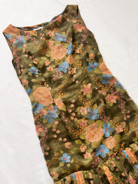 60s green floral dress, Size XS