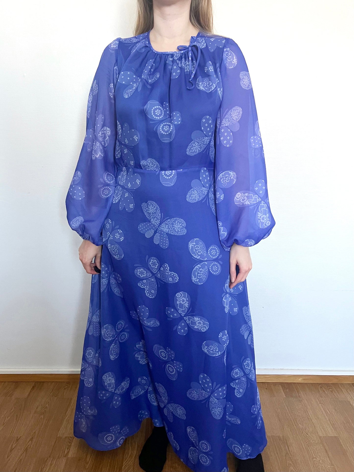 60s blue butterfly dress, Size M-L