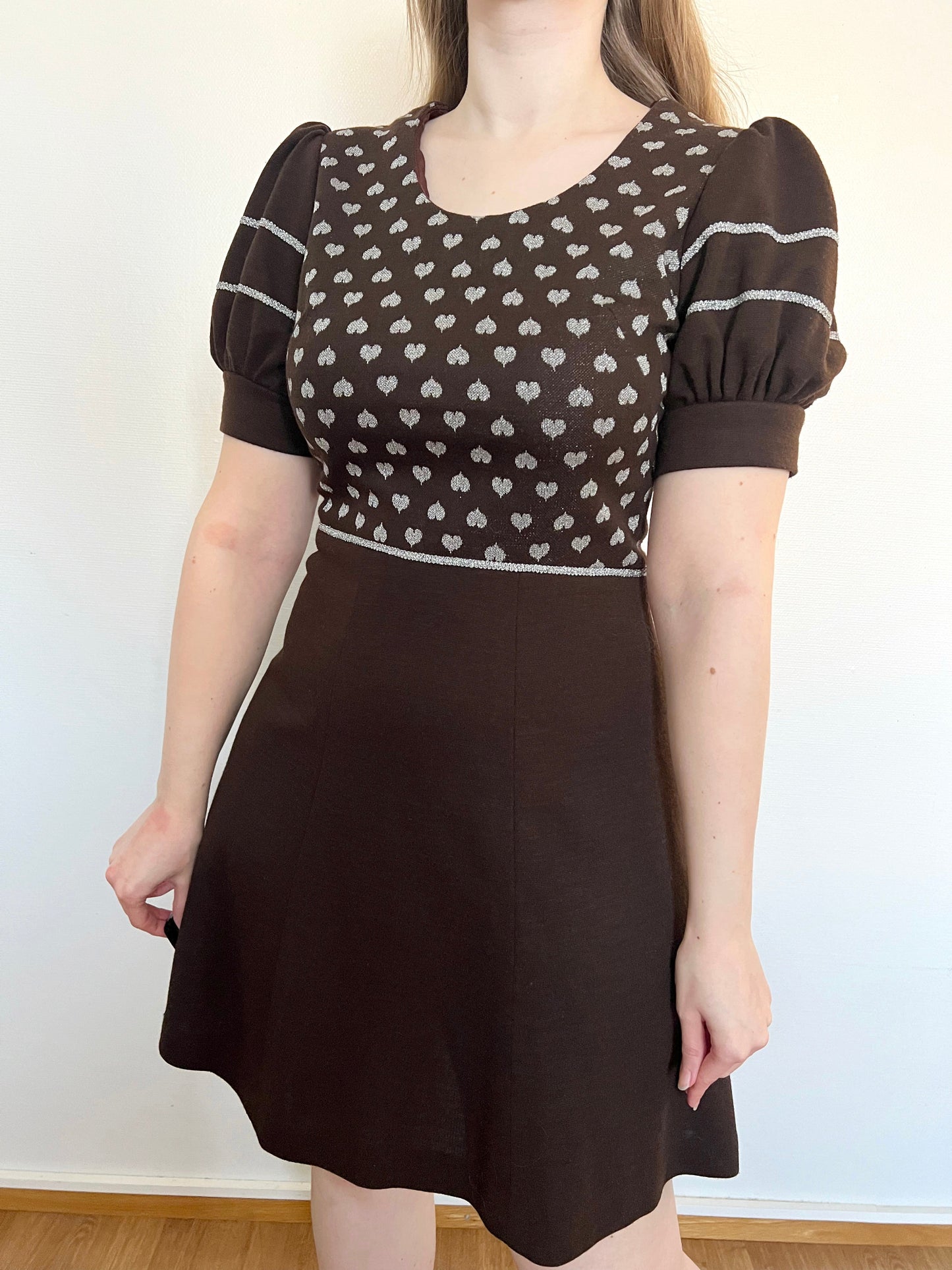 Brown and silver hearts mini dress, Size S