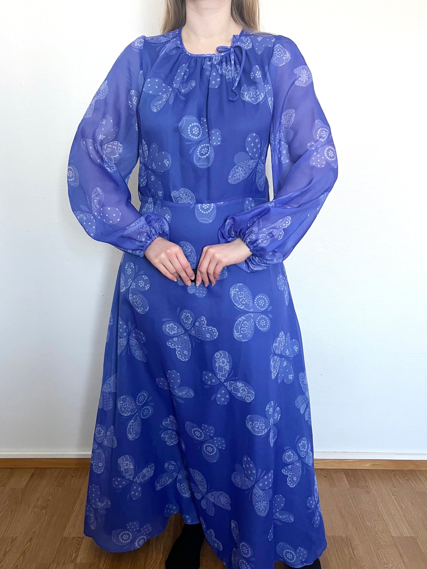 60s blue butterfly dress, Size M-L