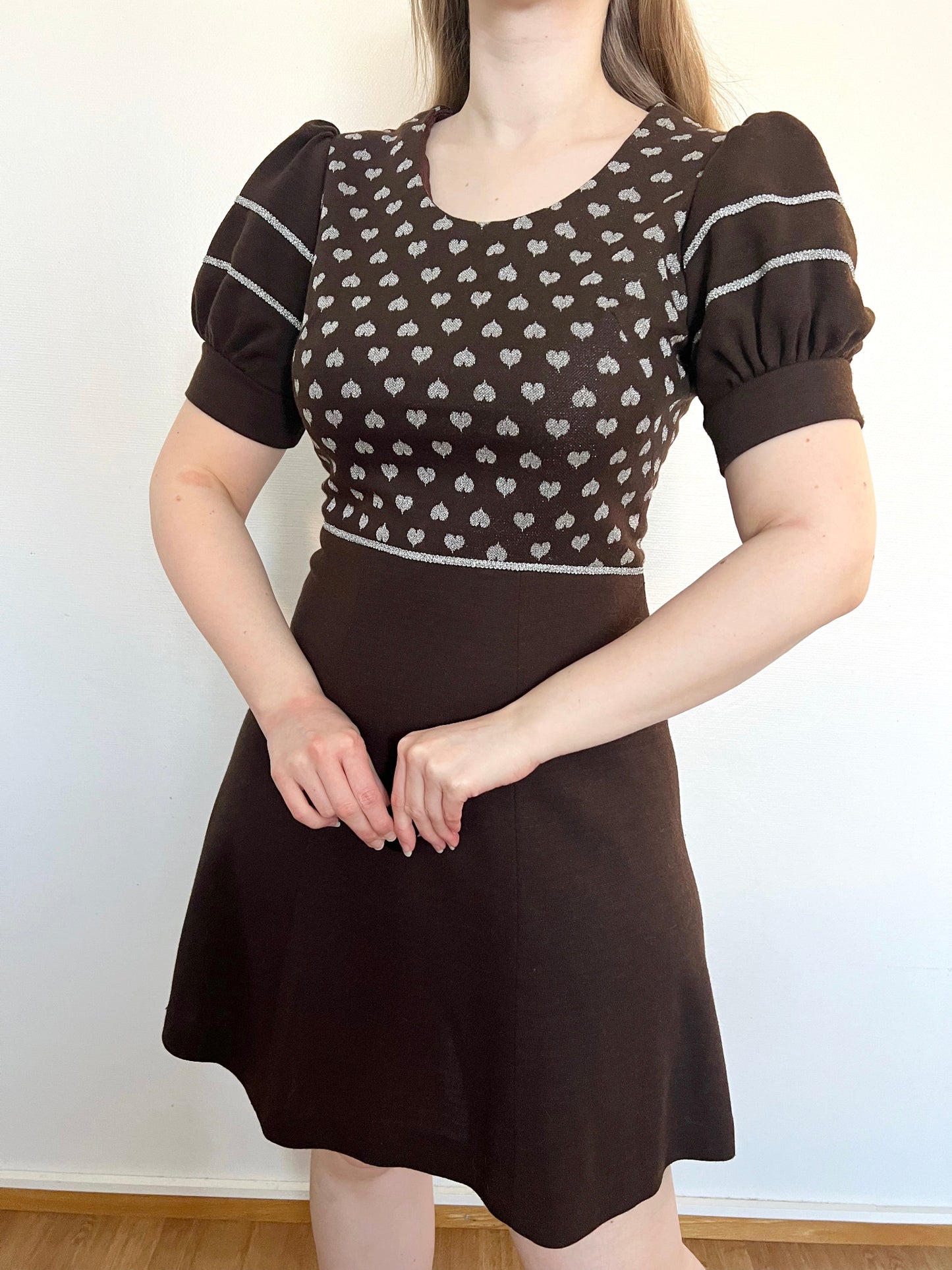 Brown and silver hearts mini dress, Size S