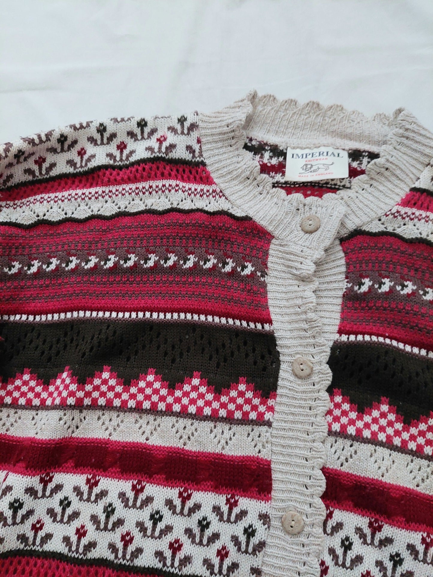 A close up of details on the multicoloured knitted cardigan