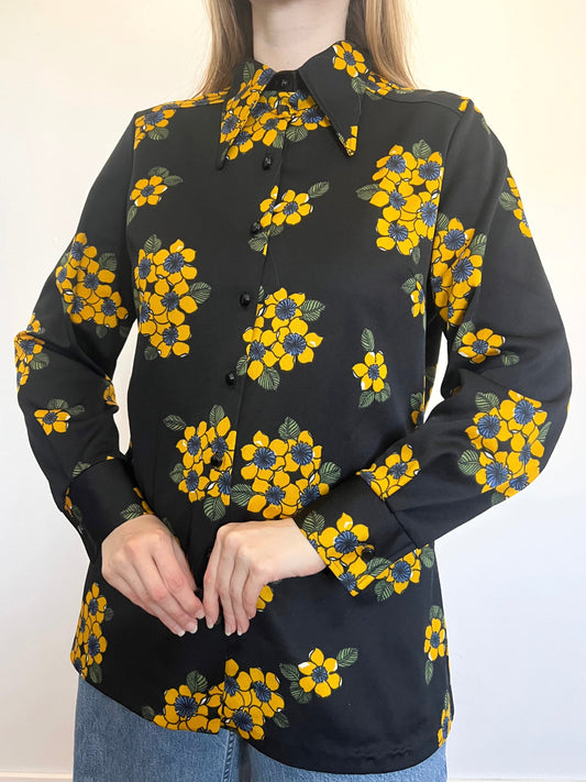 70s black and yellow floral shirt, Size XL