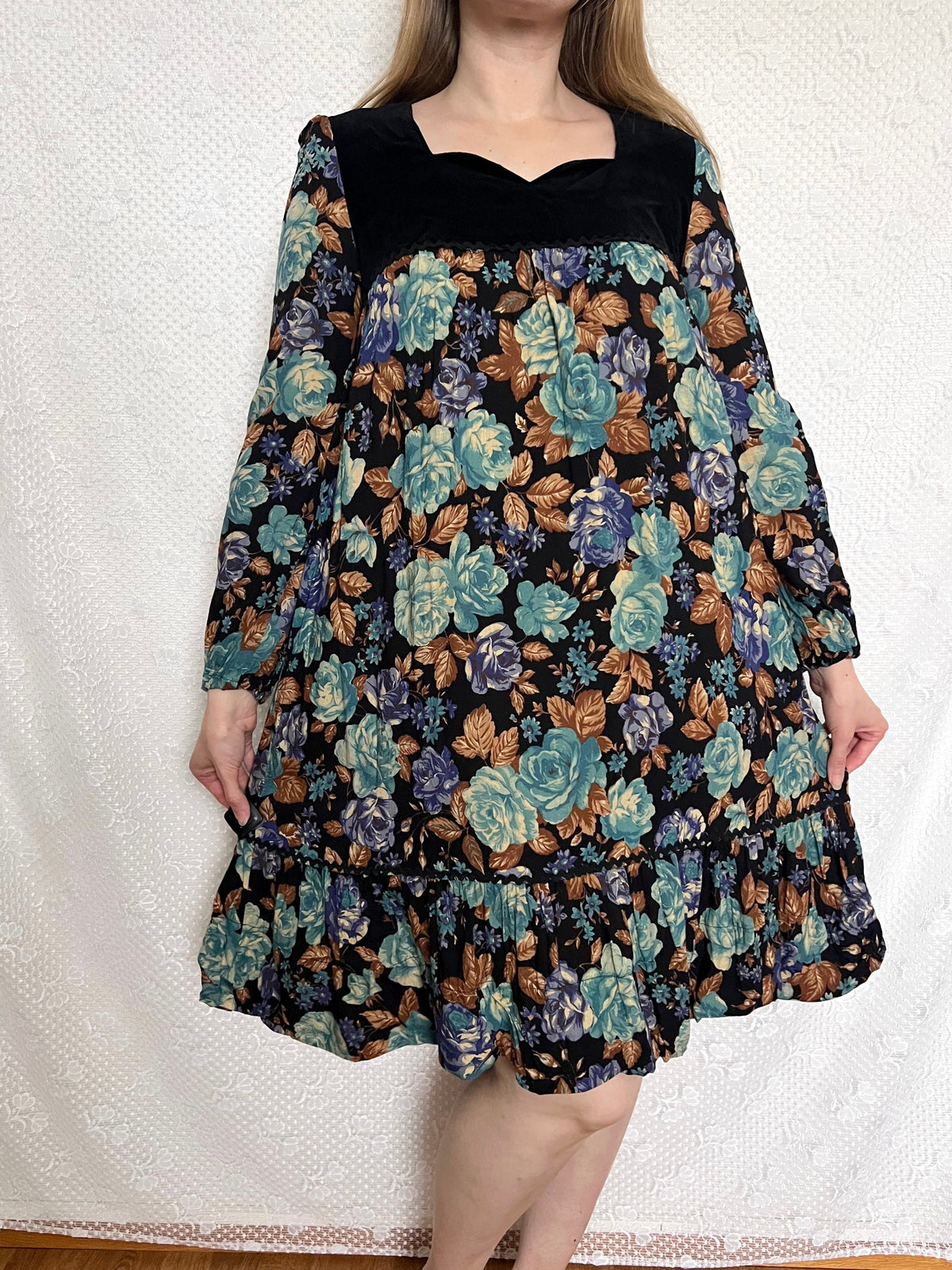 70s floral and velvet dress, Size S
