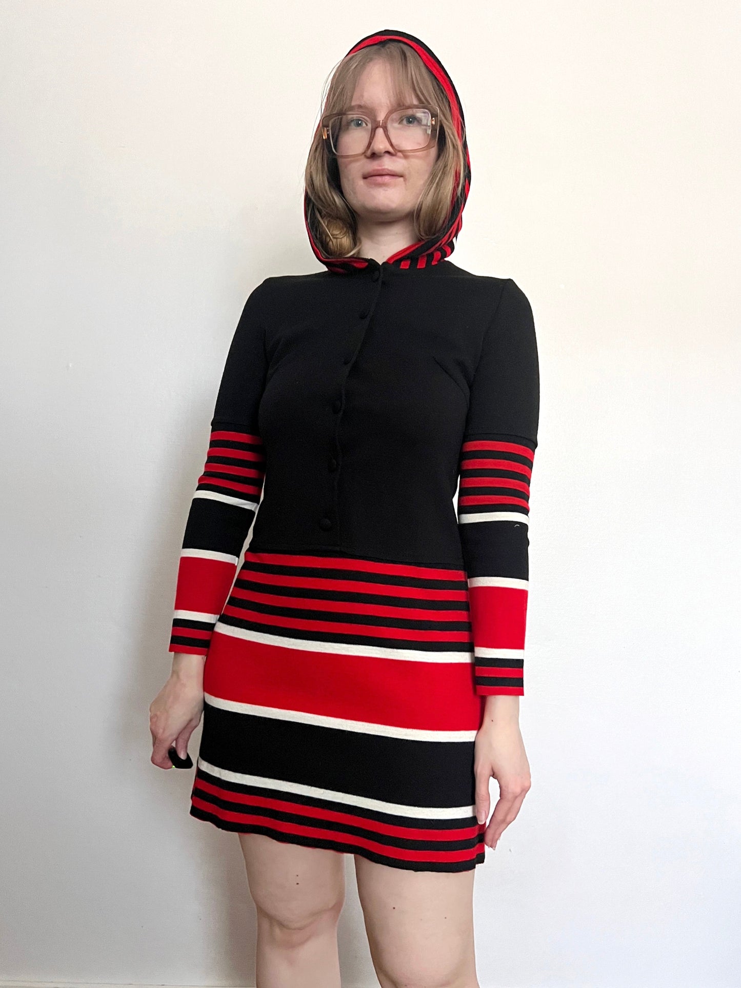 70s black striped hooded dress, Size S