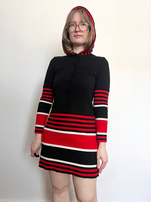 70s black striped hooded dress, Size S