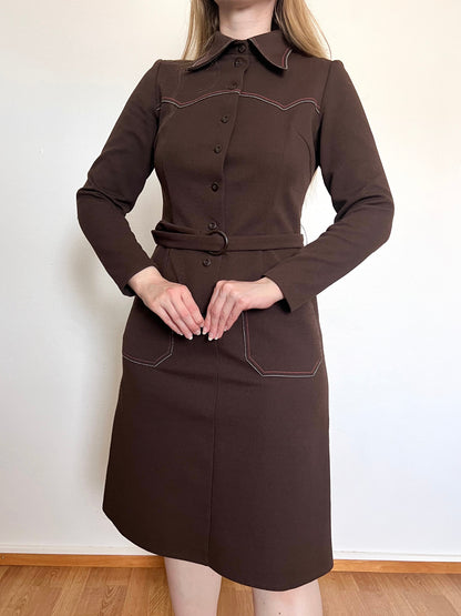 70s brown dress with pockets, Size S-M