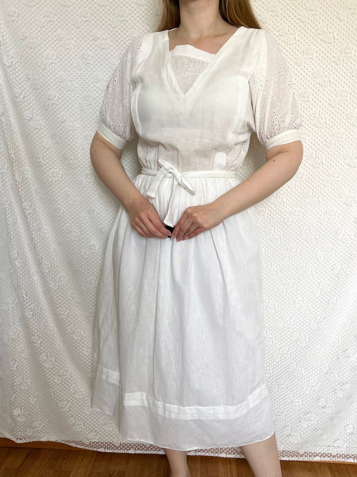 70s cotton and linen white midi dress, Size XS