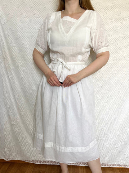 70s cotton and linen white midi dress, Size XS