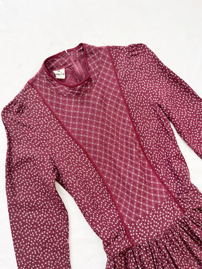 70s prairie inspired burgundy dress, Size XXS-XS