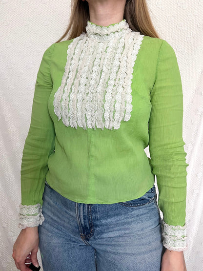 70s Victorian inspired green & lace blouse, Size M