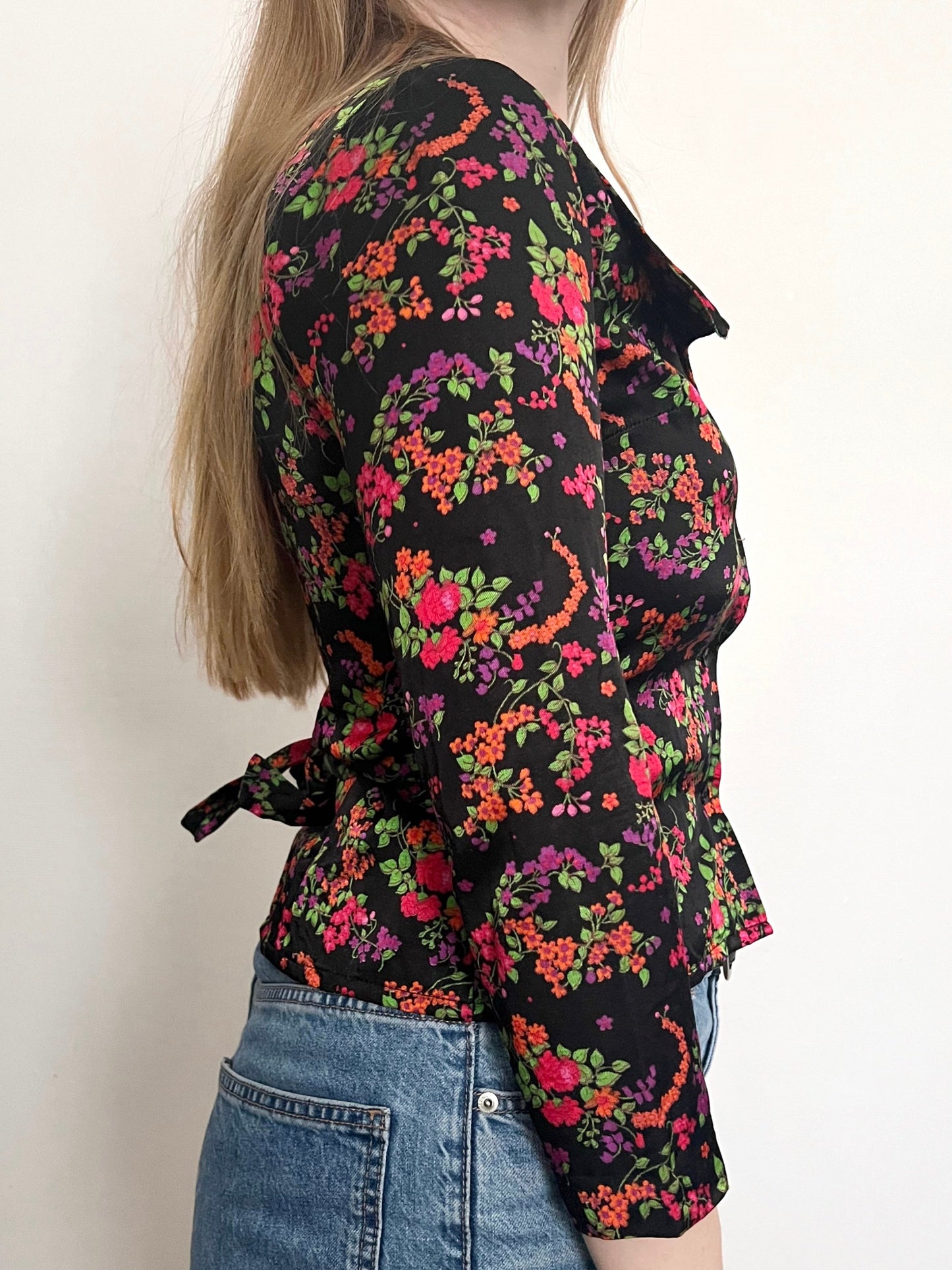 70s pointed collar floral bluse, Size XS-S